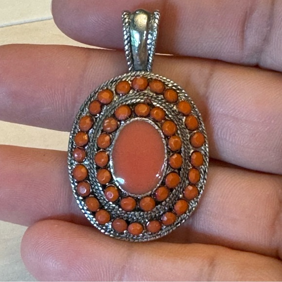 Silver Tone Oval Coral Rhinestone Pendant Vintage - Picture 3 of 6